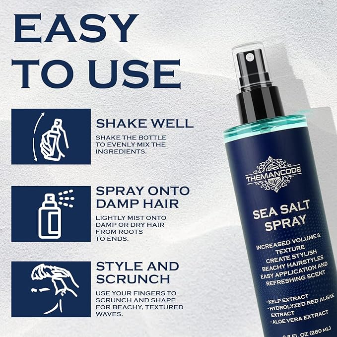 Sea Salt Spray for Men, Texturizing Hairspray, Travel Essentials, Beach Vacation Essentials, Surf Spray Adds Instant Volume, Travel Essentials, Hair Gift for Men, 8.8 Oz