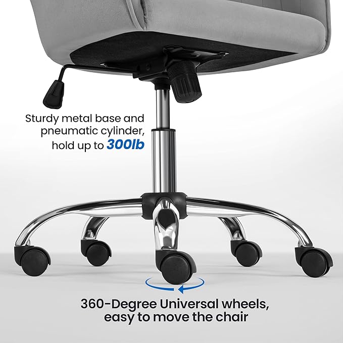 Yaheetech Modern Velvet Vanity Desk Chair Height-Adjustable Swivel Computer Armchair for Makeup Room Living Room Bedroom Light Gray