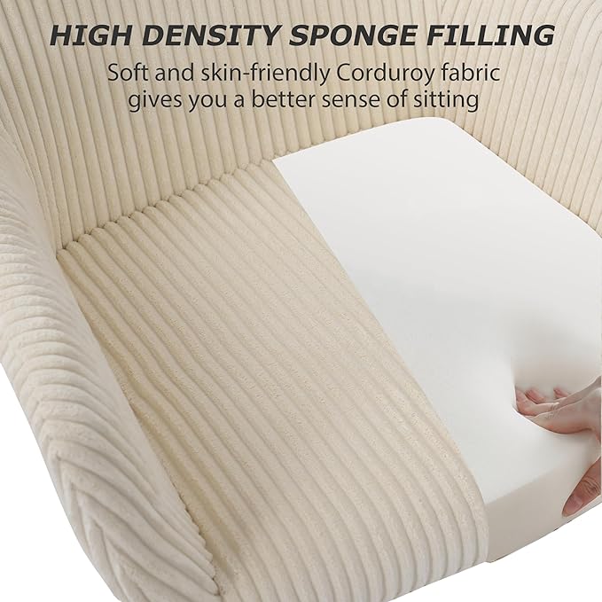 KCC Corduroy Fabric Vanity Makeup Desk Chair, Fluffy Swivel Modern Armchair with Wheels, Upholstered Fuzzy Height Adjustable for Girls Home Office, Beige