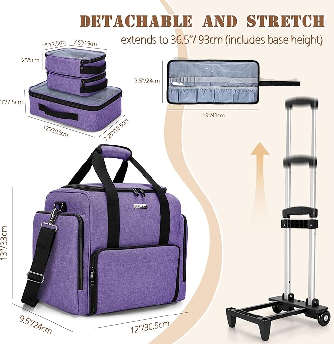 BAFASO Rolling Makeup Case with 3 Removable Pouches and 1 Makeup Brush Bag, Professional Makeup Train Case Cosmetic Bag with Detachable Dolly (Patented), Purple