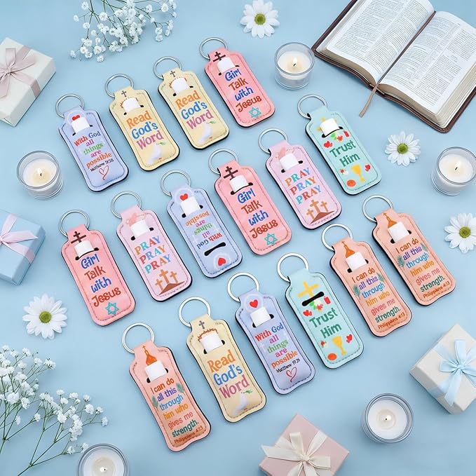 72 Pcs Christian Bible Lipstick Holder Key Chain Lip Balm Holder Gift Bulk with Metal Ring Lipstick Lip Gloss Pouch Religious Party Bible Inspiration Gift for Women Man Church(Cute)