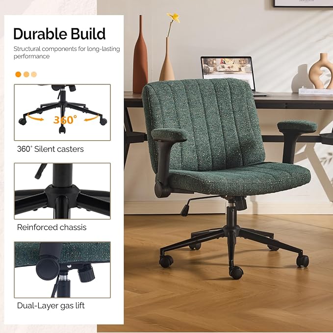 VINGLI Criss Cross Chair with Adjustable Flip-Up Arms,Cross Legged Chair with Wheels,Extra Wide Office Chair,Desk Chair for Home,Office,Vanity,Bedroom,Apartment,Starry Chenille,Dark Green