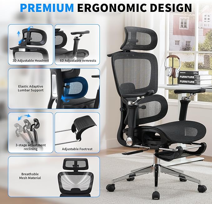Mesh Ergonomic Office Chair with 6D Armrests,High Back Mesh Gaming Chair with Lumbar Support,Adjustable 3D Headrest for Home Office Desk Chair(Executive, Black)