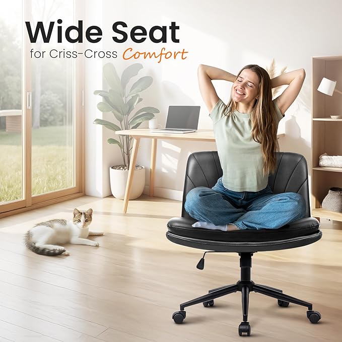 NEO Chair Criss Cross Chair with Wheels Armless Cross Legged Office Desk Wide Comfy Vanity Makeup Chair Adjustable Swivel Rolling Computer for Home Office PU Leather (Black)