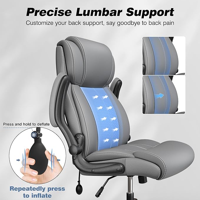 Ergonomic Office Chair - Desk Computer Chair, Leather High Back Executive Chairs with Adjustable Lumbar Support & Flip Up Arms, Gray 2 Pack