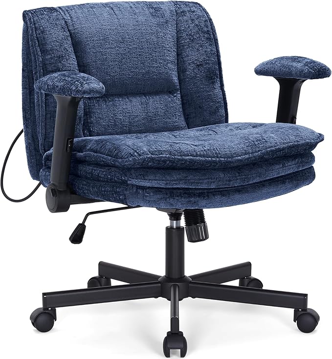 Criss Cross Chair with Wheels and Flip Arms, Upholstered Cross Legged Office Chair with 3 Layer Cushions&Dynamic Airbag Lumbar Support, Wide Seat Comfy Desk Chair for Home Office, Living Room, Navy