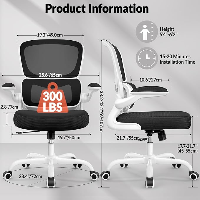 Office Chair Ergonomic Desk Chair, Breathable Mesh Comfy Chair with Lumbar Support, Computer Chair, Home Desk Chair with Flip-up Armrests, Gaming Chair for Adults Home Office (White)