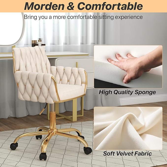 Velvet Home Office Chair, Modern Height-Adjustable Vanity Chair with Golden Base and Hand-Woven Backrest for Bedroom/Study/Vanity (Beige)