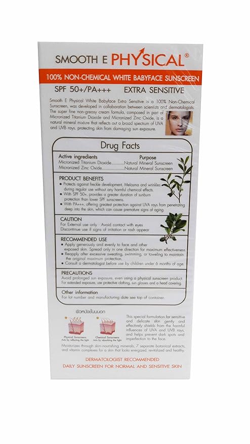 Smooth E Physical White Babyface Uv Expert, 100% Non-chemical White Babyface Sunscreen Spf 50+/pa+++. Extra Sensitive White Skin (15 G/Pack).