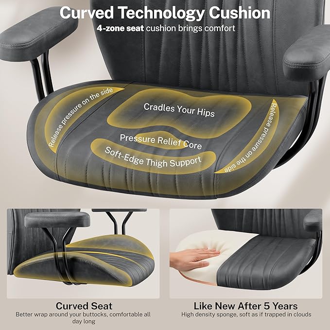 Leather Office Chair with Removable Armrests, Mid Back Ergonomic Desk Chair with Lumbar Support, Adjustable Height Rocking Swivel Executive Chair for Home Office, Dark Gray