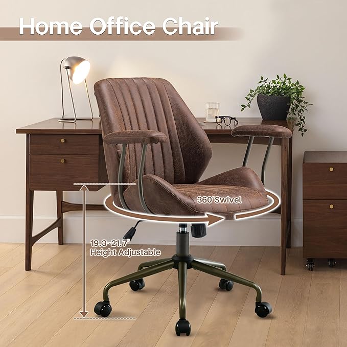 HOOOWOOO Faux Suede Leather Home Office Desk Chair,MCM Modern Ergonomic Task Work Chair,Computer Gaming Chair with Cushion Seat Mid Back for Long Hours(Chocolate Brown)