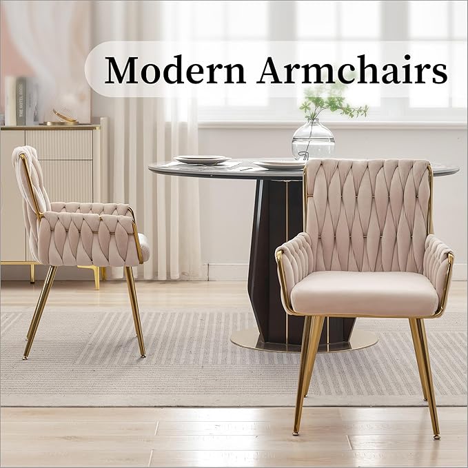 Westice Home Office Desk Chair 1PC, Upholstered Hand Weaving Desk Chairs with Golden Metal Legs & Armrest, Modern Accent Chairs for Dining Room, Living Room, Kitchen, Vanity, Beige