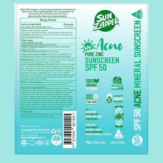 Sun Zapper Acne Pure Zinc Face Sunscreen SPF 50, Non-Comedogenic Organic Mineral Sunscreen with Tea Tree Oil for Acne-Prone and Oily Skin, 25% Non-Nano Zinc Oxide, Reef Safe, 100g (3.5 oz)