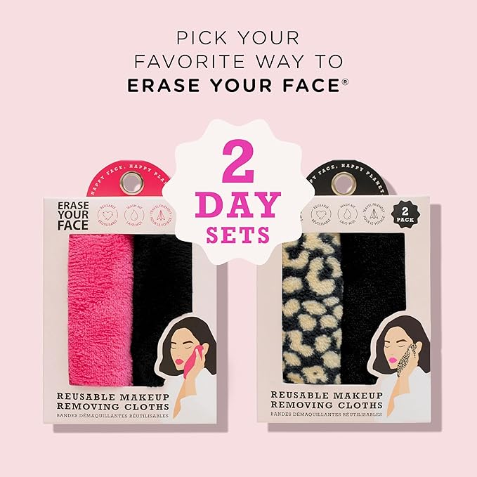 ERASE YOUR FACE Reusable Makeup Remover Cloths - Microfiber Face Towels to Cleanse & Remove Makeup - Water Activated for Sensitive Skin - Black & Animal Print (2 Count)
