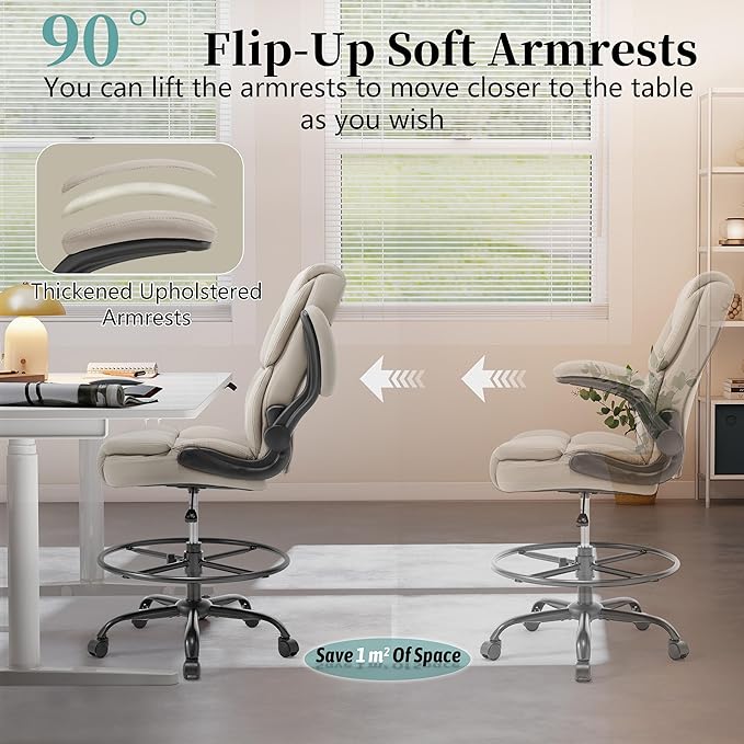 Ergonomic Drafting Chair, Tall Office Chair for Standing Desk, High Back Standing Desk Chair with Flip-Up Armrest, Adjustable Height&Foot Ring, Executive PU Leather Extended Height Office Chairs,Beige