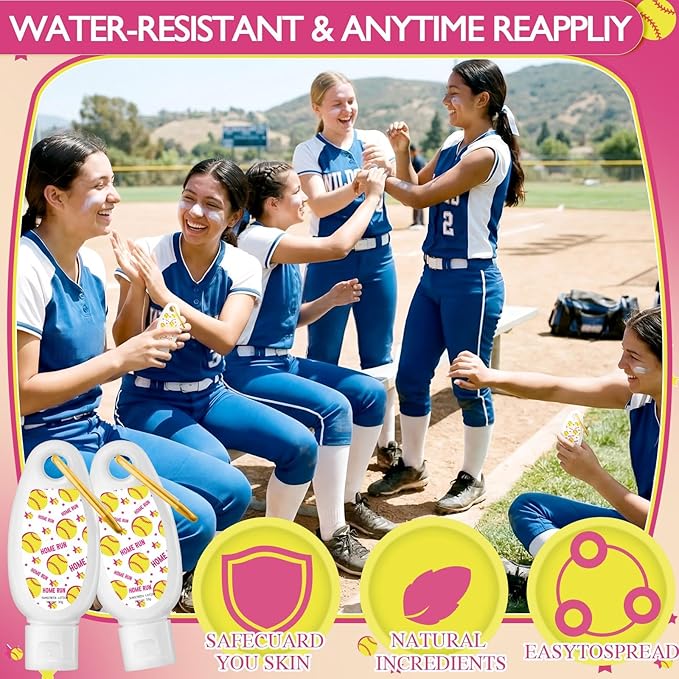 Leelosp 24 Pcs Softball Bulk Mini Sunscreen with Carabiner Bulk Travel Size 1oz Spf 30+ Sport Party Favor Water-resistant Sunscreen Keychain Bottle Softball Team Gift for Girls Friends Party Supplies