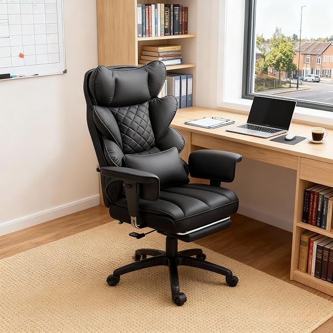 Dowinx Big and Tall Office Chair, High Back PU Leather Computer Gaming Chair with Pocket Spring Cushion, Adjustable Armrests, Lumbar Support, and Footrest –Deep Black