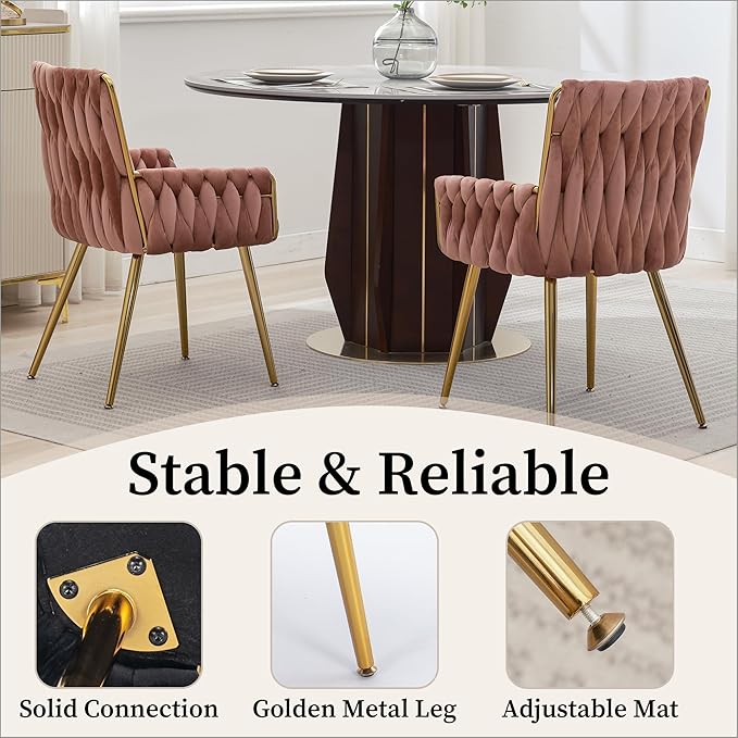 Westice Home Office Desk Chair, Upholstered Hand Weaving Desk Chairs with Golden Metal Legs & Armrest, Modern Accent Chairs for Living Room, Vanity Makeup Room, Rose Red