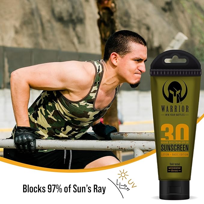 WARRIOR - WIN YOUR BATTLES- Sunscreen SPF 30 Lotion - Water & Sweat Resistant Body Lotion with SPF - TSA Compliant, Non-Mineral Formula, Camo Presentation, Broad Spectrum Sunscreen SPF30 - (3 Oz)