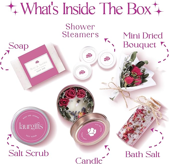 Spa Gift Set for Women – Rose & Jasmine Candle Gift Set with Bath Treats – Birthday Gift Basket for Women, Mom or Friend – Relaxing Self Care Spa Box