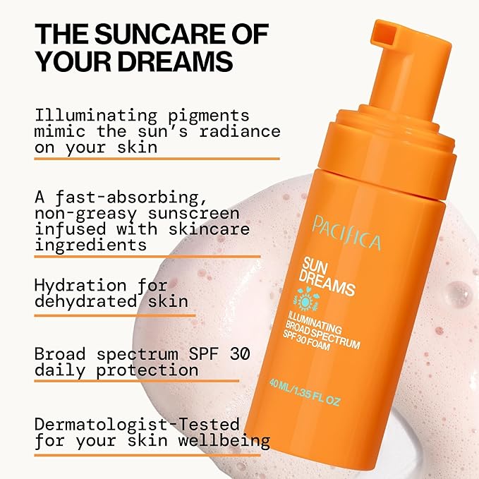 Pacifica Facial Sunscreen - Sun Dreams Illuminating SPF 30 Foam Broad Spectrum Every Day Face Lotion UVA/UVB Protection