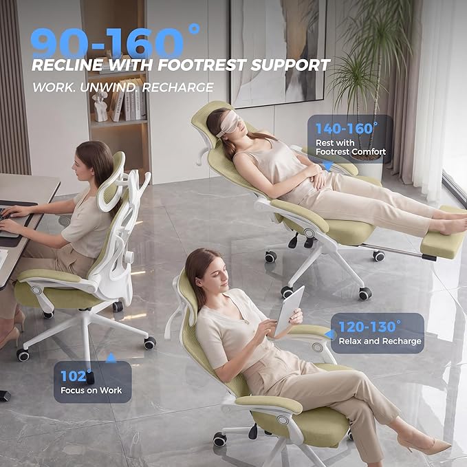 Ergonomic Office Chair with Footrest - Adjustable Lumbar Support & Headrest, 90-160° Reclining Mesh Back Computer Chair - Home Office/Gaming, 350lbs Capacity