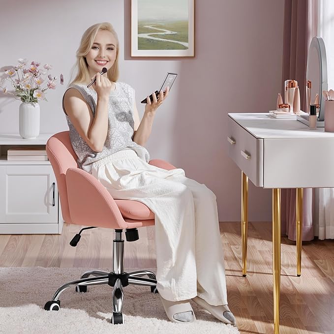 Yaheetech Pink Desk Chair Vanity Chair Comfy Velvet Chair Cute Desk Chair for Home Office Modern Swivel Rolling Chair for Bedroom, Living Room, Makeup Room Women