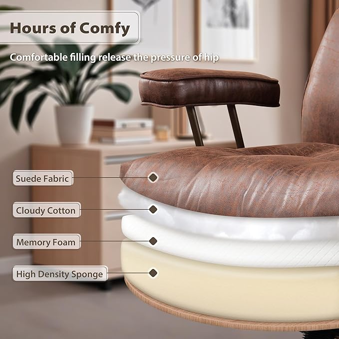 HOOOWOOO Ergonomic Office Chair,Mid Century Modern Computer Desk Chair,Comfy Executive Chair with Extra Wide Tufted Cloudy Seat Lumbar Support High Reclining Back,Suede Leather Dark Brown