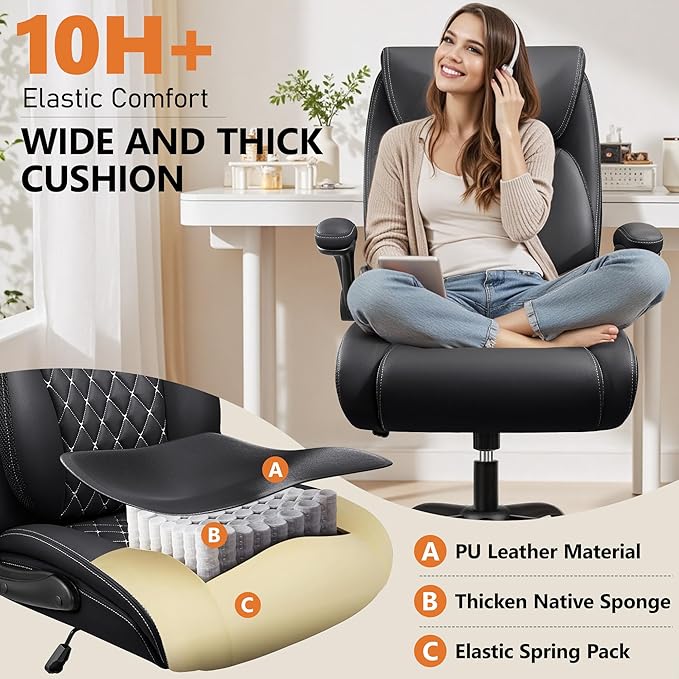 Office Chair, Ergonomic Computer Desk Chairs with Lumbar Support for Lower Back Pain Relief, Executive Leather Home Chair Comfy with Padded Flip-up Armrests, Black