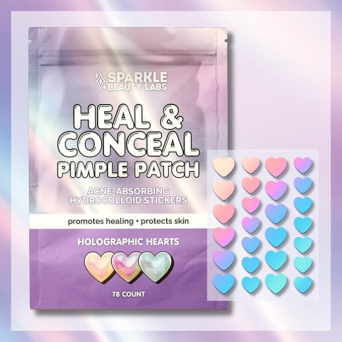 Heal & Conceal Pimple Patch - Cute Holographic Heart Shaped Acne Patches, Fun Hydrocolloid Zit Stickers for Face (Iridescent Hearts, 78 Count)