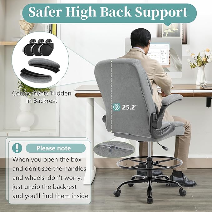 Ergonomic Drafting Chair, Tall Office Chair for Standing Desk, High Back Standing Desk Chair with Flip-Up Armrest, Adjustable Height & Foot Ring, Executive Fabric Extended Height Office Chairs, Grey