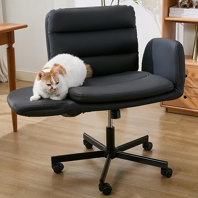 Criss Cross Chair with Flip-Up Arms & Swivel Wheels, Vanity Chair with Adjustable Height & Side Pockets, Comfortable Wide Seat Reclining Computer Office Desk Chairs for Home Office, Make Up, Bed Room