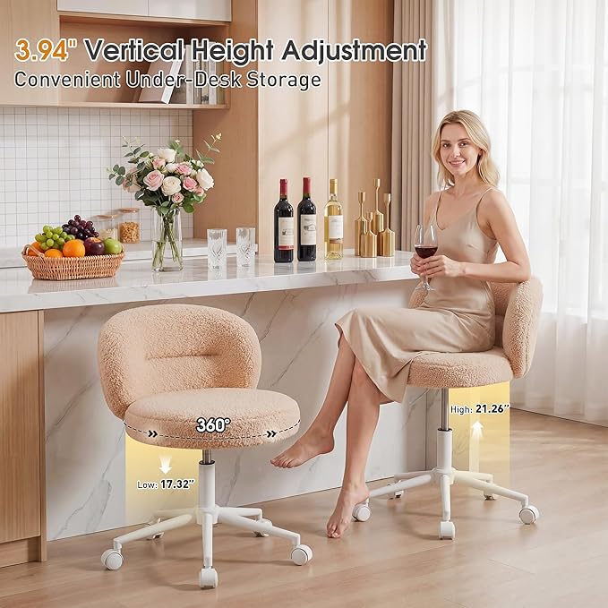 Small Round Vanity Chair with Back, Armless Home Office Desk Chairs, Height Adjustable & 360° Swivel, Cute Comfy Vanity Computer Chair for Bedroom, Home Office, Yellow
