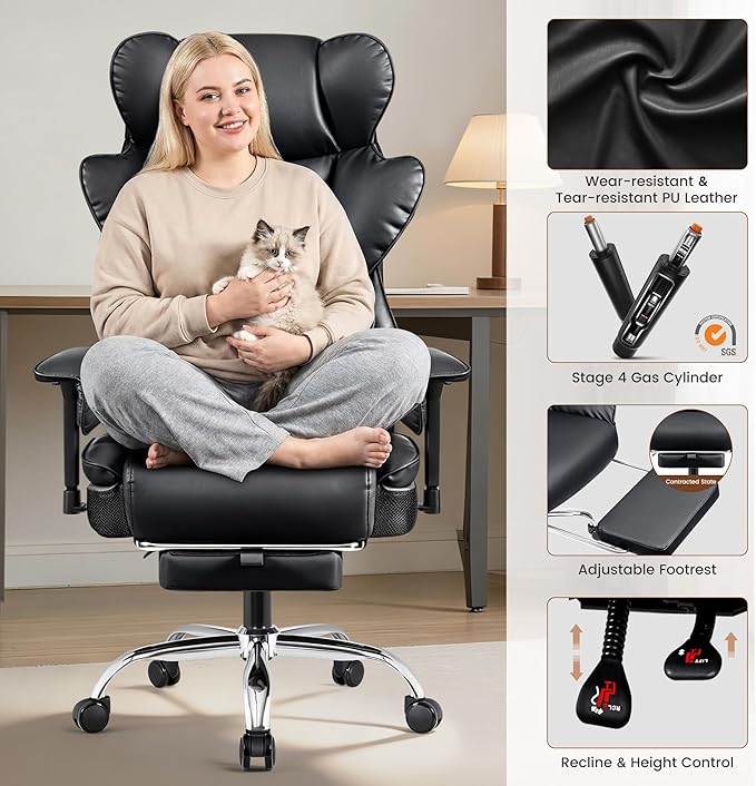 Big and Tall Office Chair - Heavy Duty 400 LBS Executive Chair with Lumbar Support & Foot Rest, High Back Ergonomic Desk Chair, Padded Wide Seat Gaming Chair, Adjustable Armrests, Black