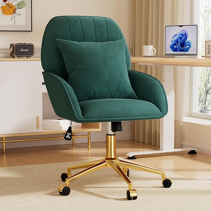 Home Office Desk Chair Comfy with Adjustable Swivel Wheels, Modern Velvet Makeup Vanity Chair with Back & Pillow, Ergonomic Office Chair Computer Task Chair for Living Room, Bedroom, Green