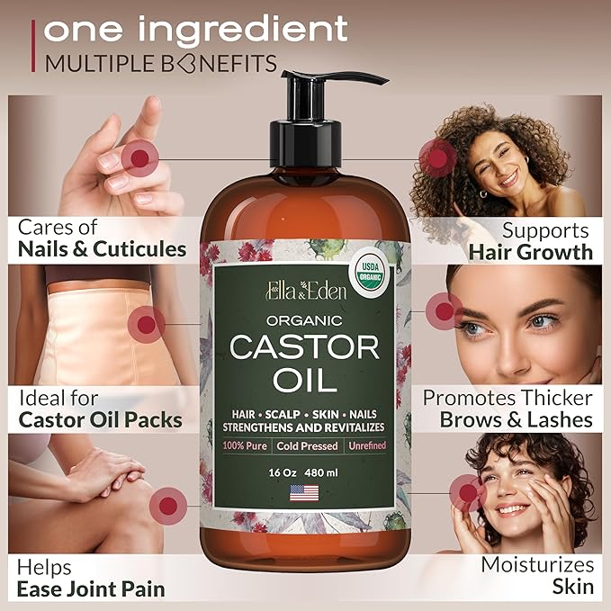 Ella & Eden Organic Rose Water Spray for Face 4oz & Organic Castor Oil for Hair & Skin 16oz | Cold-Pressed, Unrefined, USDA Certified, 100% Pure, Hexane-Free