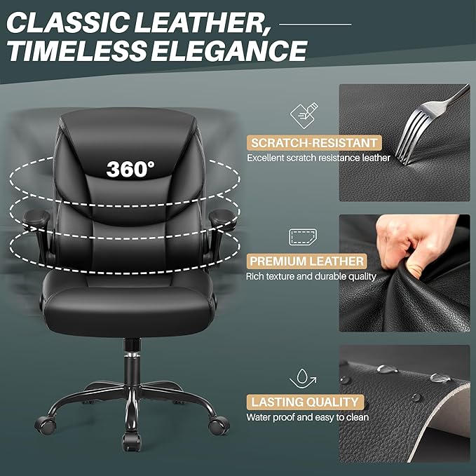 FelixKing Leather Office Chair - Small PU Ergonomic Desk Chair, Comfy Computer Chair with Wheels and Flip-up Armrests, Adjustable Height Mid Back Executive Office Chair for Short People-Black