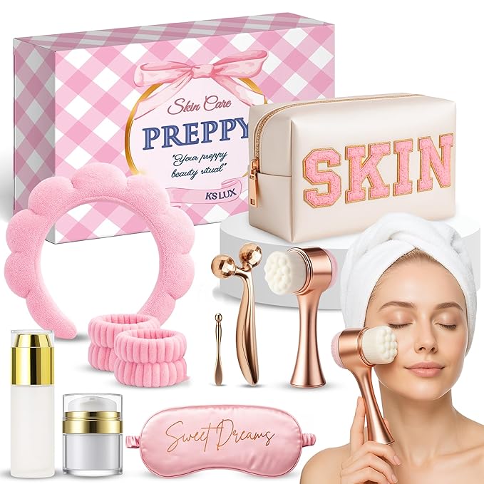 Preppy skincare set women, pink skincare for teen girls, cute skin care kit for teens, girls skin care tools, cute preppy stuff for girls 10-12, cool teenager girl gift ideas with clean girl aesthetic