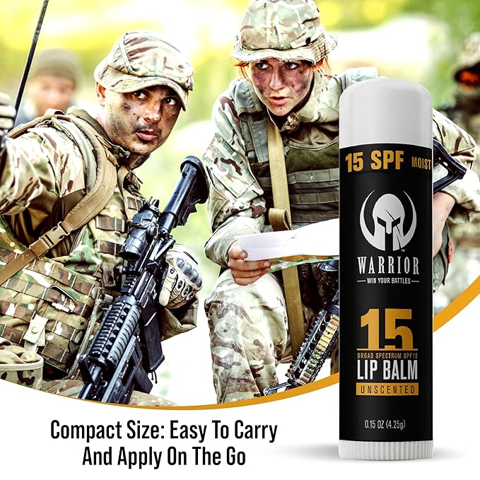 Warrior SPF 15 Lip Balm - Unscented Chapstick Made from Purified Beeswax in USA - Protects Against Wind, Cold, Heat, and UV Rays - Premium Lip Sunscreen Used by Military (0.15 OZ Tube)