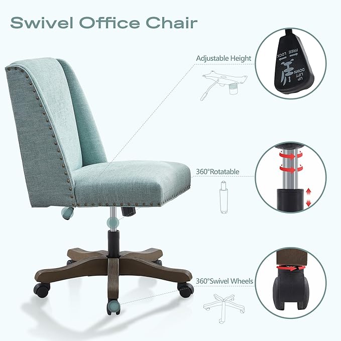 Armless Office Chair with Wooden Legs, Modern Adjustable Upholstered Home Office Desk Chair No Arms Sewing Chair Swivel Chair for Home Office Study Studio (Teal)