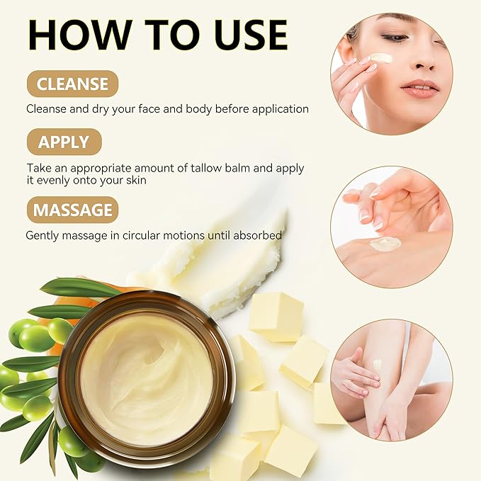Veakoo Beef Tallow for Skin & Face, Organic Grass Fed Beef Tallow Balm, Unscented Natural Tallow Face Moisturizer, Body Butter, Moisturizing Cream for Women Men, Nourish Soothe Dry Skin