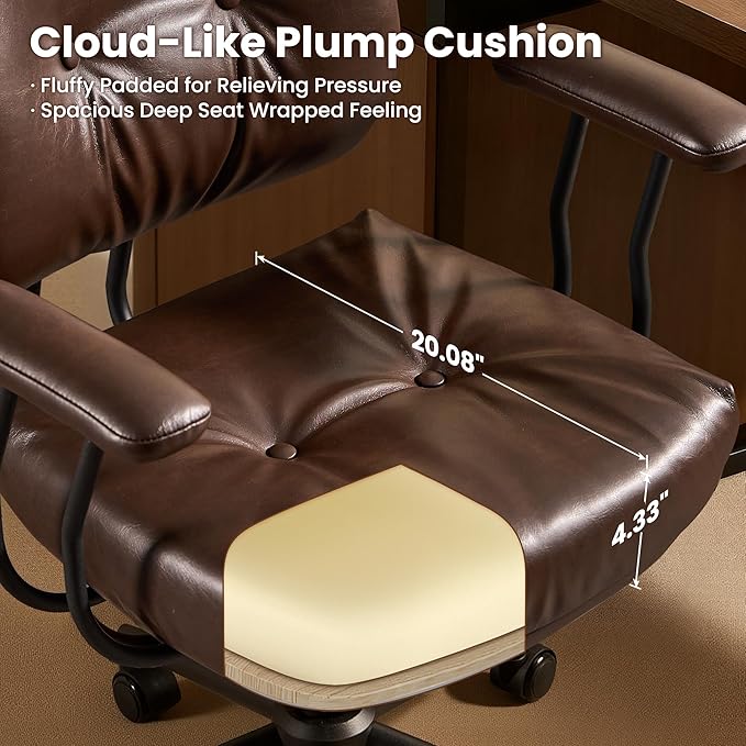 ovios Ergonomic Office Chair, Mid Back Faux Leather Executive Chairs with Thick Cushion, Comfy Mid-Century Modern Swivel Rolling Computer Armchair (Dark Brown, PU Leather)