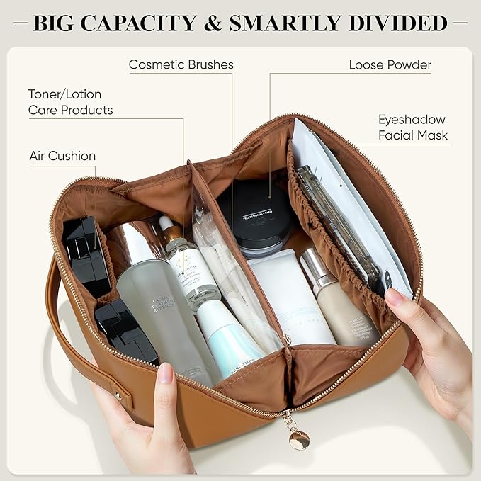 Travel Makeup Bag, Large Capacity Cosmetic Bags for Women, Waterproof Portable Pouch Open Flat Make up Organizer Bag with Dividers and Handle, Toiletry Bag for Essentials