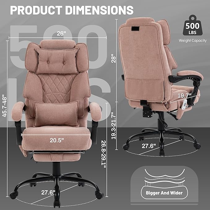 Massage Office Chair with Foot Rest,6 Points Vibration & Heat Executive Office Chairs for Heavy People,500LBS Big and Tall Office Chair,Ergonomic Reclining Desk Chair,Home & Office,Pink