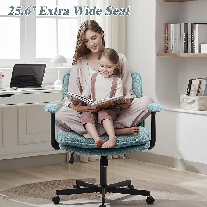 Criss Cross Legged Office Chair with Wheels and Flip-Up Arms, Upholstered Criss Cross Desk Chair, Wide Seat Chairs for Home Office, Vanity, Apartment, Light Green