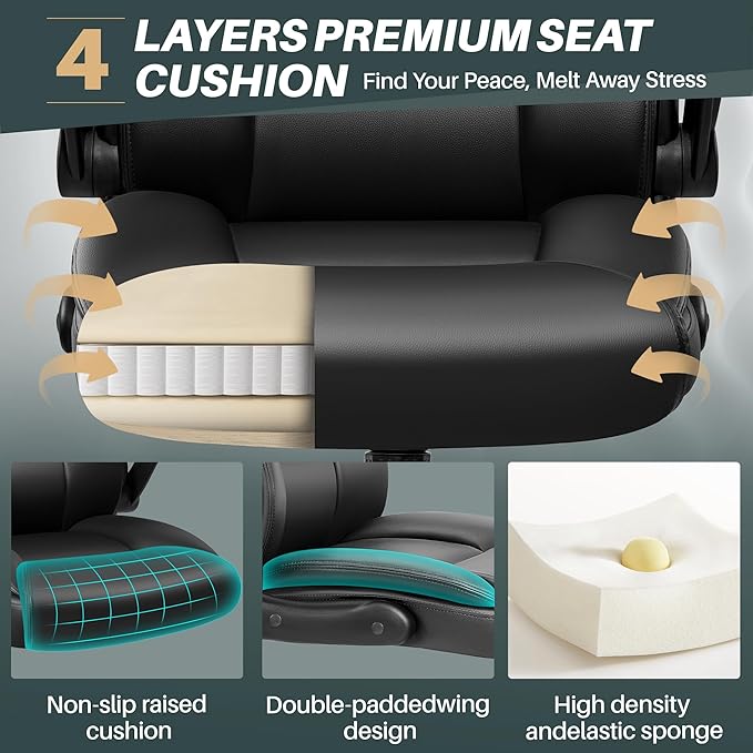 FelixKing Leather Office Chair - Small PU Ergonomic Desk Chair, Comfy Computer Chair with Wheels and Flip-up Armrests, Adjustable Height Mid Back Executive Office Chair for Short People-Black