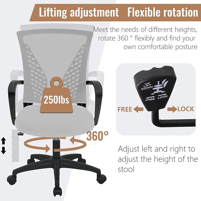 FDW Home Office Chair Mid Back PC Swivel Lumbar Support Adjustable Desk Task Computer Ergonomic Comfortable Mesh Chair with Armrest (Grey)