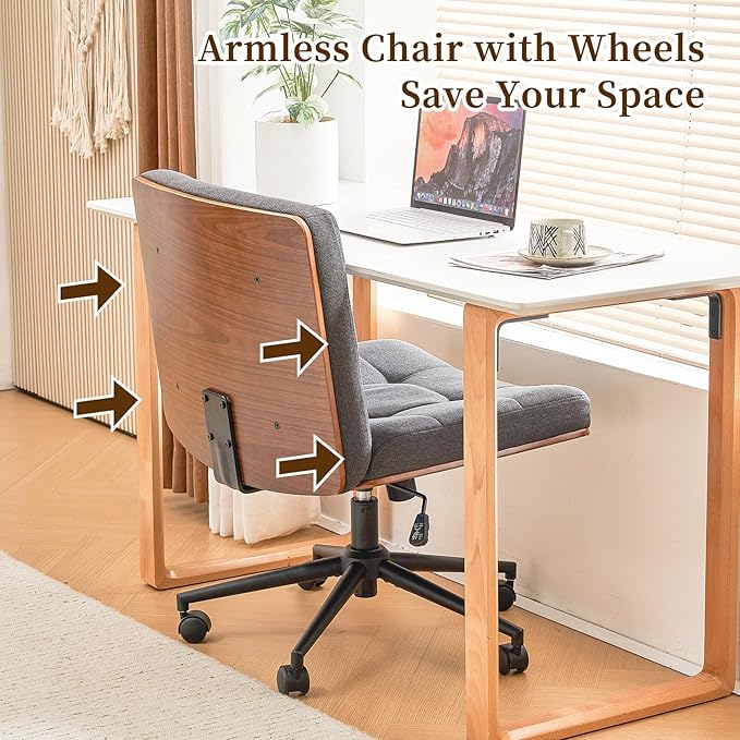 Furnimart Heavy-Duty FSC Wooden Wide Desk Chair, 360° Swivel Criss Cross Office Chair with Wheels, Comfy Cross Legged Sitting, Armless Rolling Chair for Bedroom, Office, Vanity(Linen Gray)