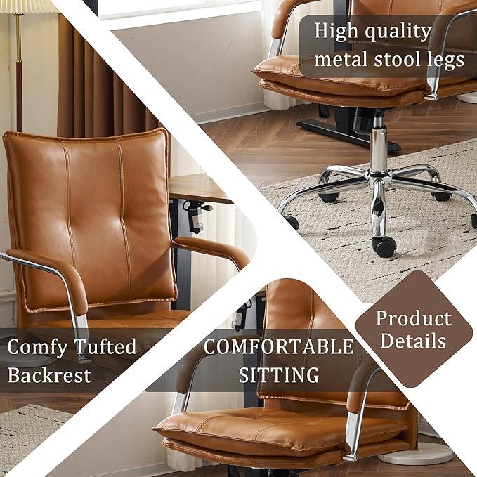 MOJAY Office Chair, Leather Desk Chair, Brown Desk Chair, Mid Century Modern Office Chair, Swivel Comfy Upholstered Wide Seat Chair with Gold Legs and Armrests for Home, Office (Camel&Silver)