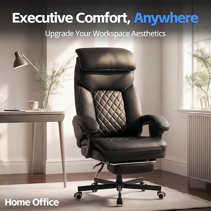 Ergonomic Executive Office Chair - Big and Tall Home Comfy Desk Gaming Chair for Adults, Heavy Duty Leather Reclining Wide Computer Chair with Foot Rest and Back Support (Black)